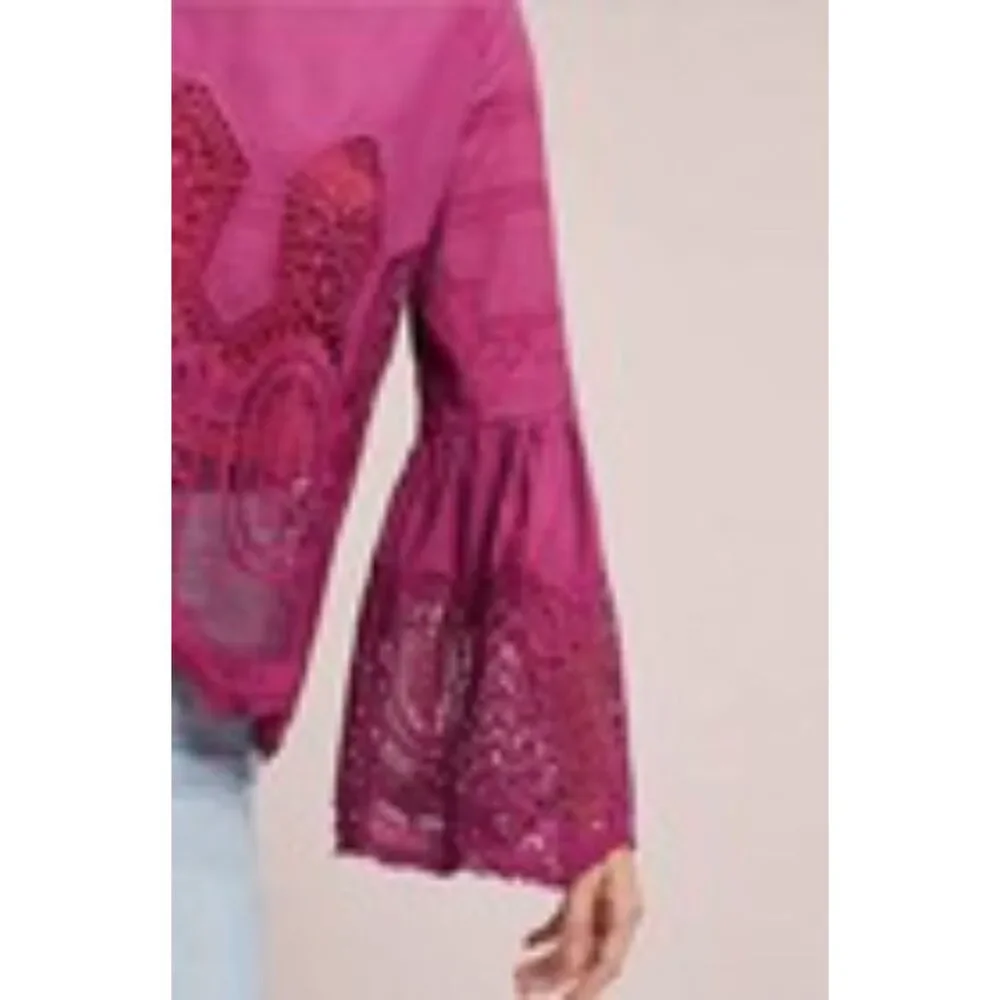 Anthropologie Bell-Sleeve Lace BOHO Pullover by Chloe Oliver Raspberry Sz S